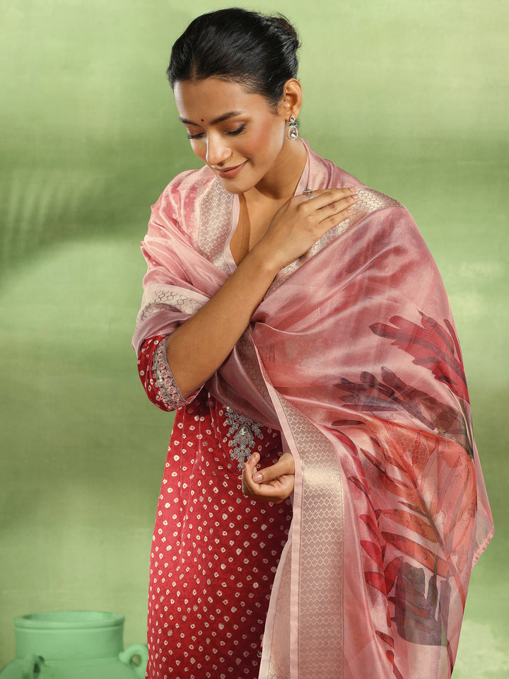 Red Printed Silk Blend Straight Suit With Dupatta