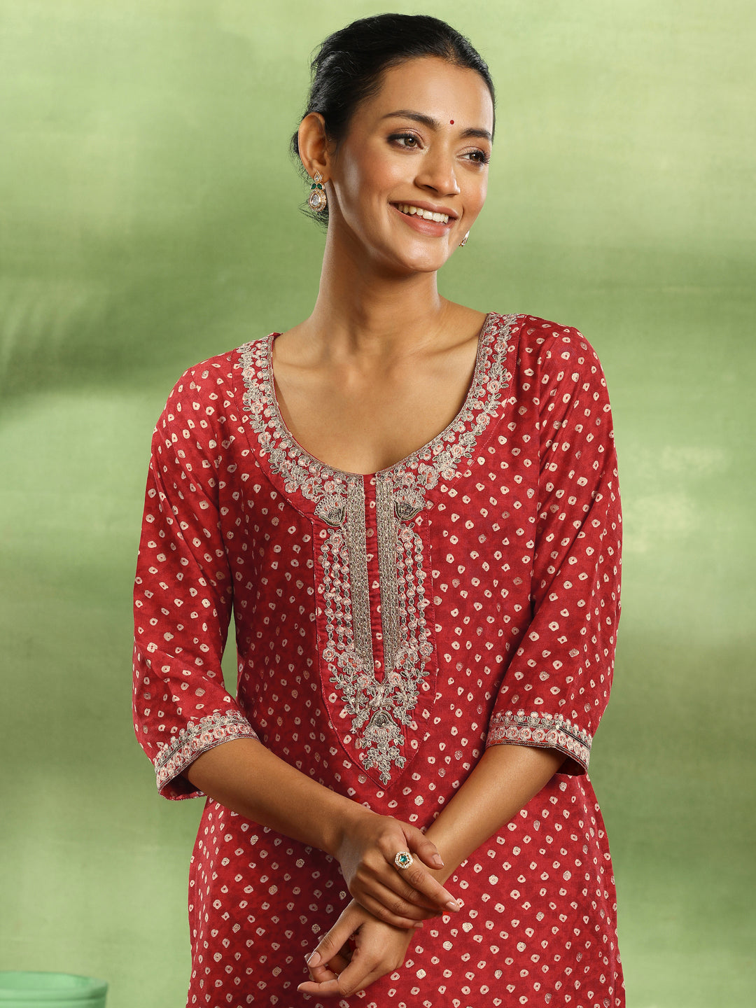 Red Printed Silk Blend Straight Suit With Dupatta