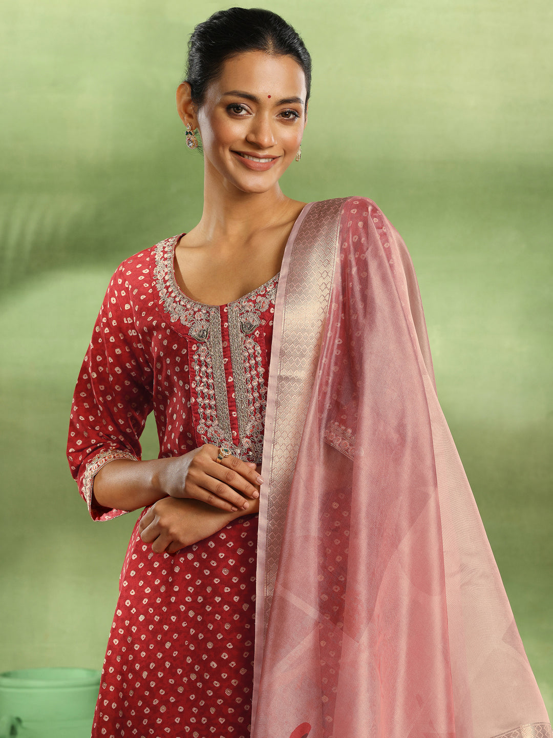 Red Printed Silk Blend Straight Suit With Dupatta