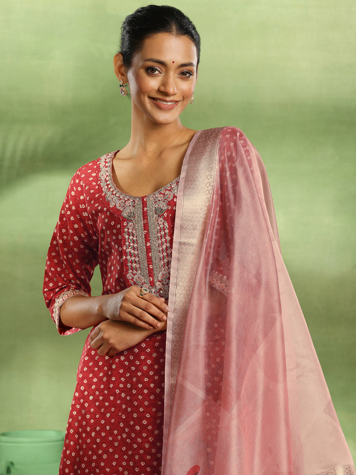 Red Printed Silk Blend Straight Suit With Dupatta