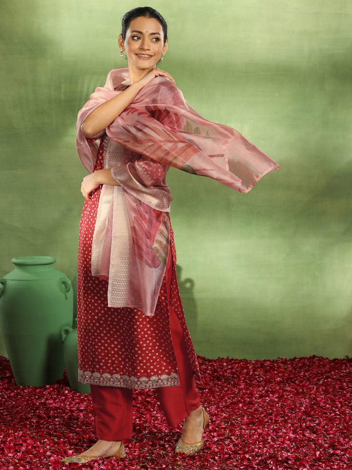 Red Printed Silk Blend Straight Suit With Dupatta