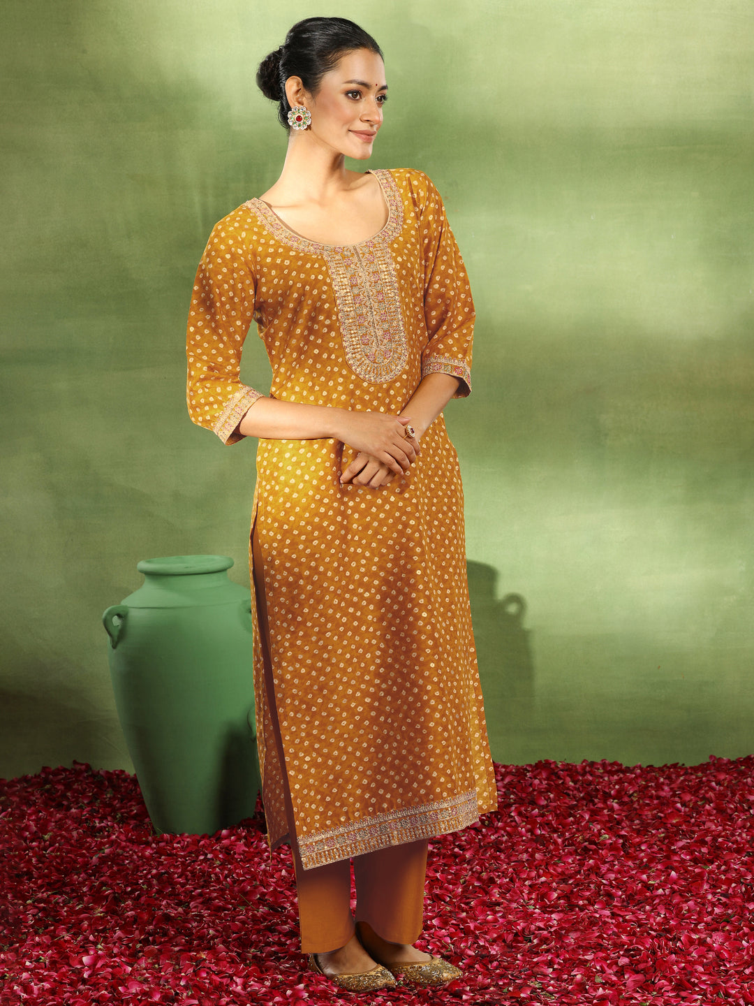 Mustard Printed Silk Blend Straight Suit With Dupatta
