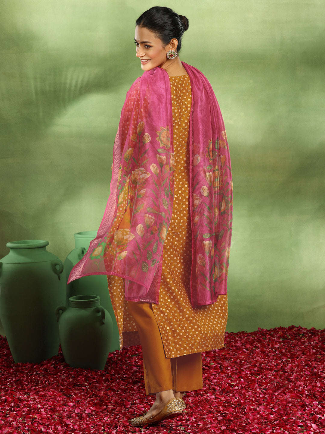 Mustard Printed Silk Blend Straight Suit With Dupatta