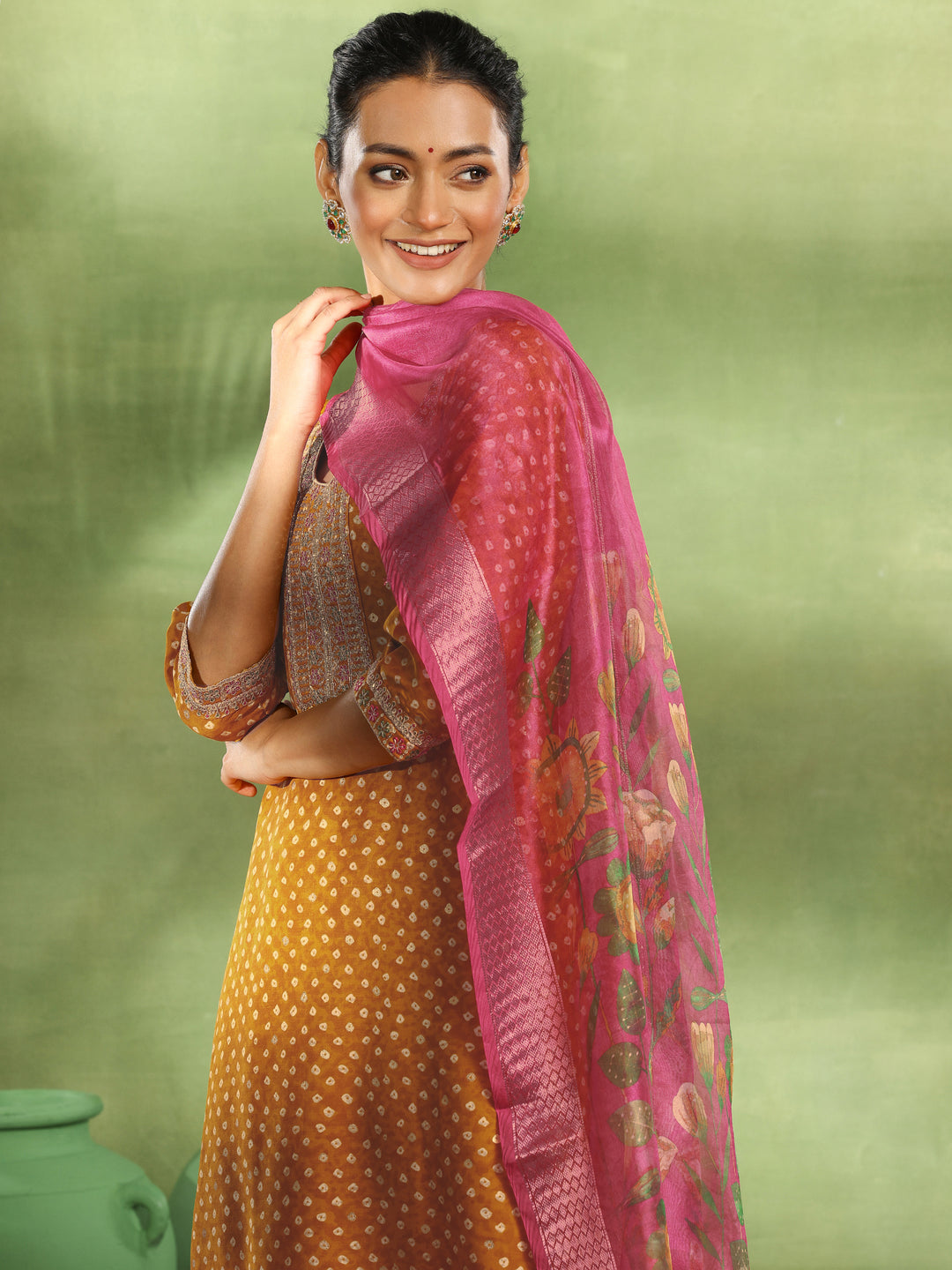 Mustard Printed Silk Blend Straight Suit With Dupatta