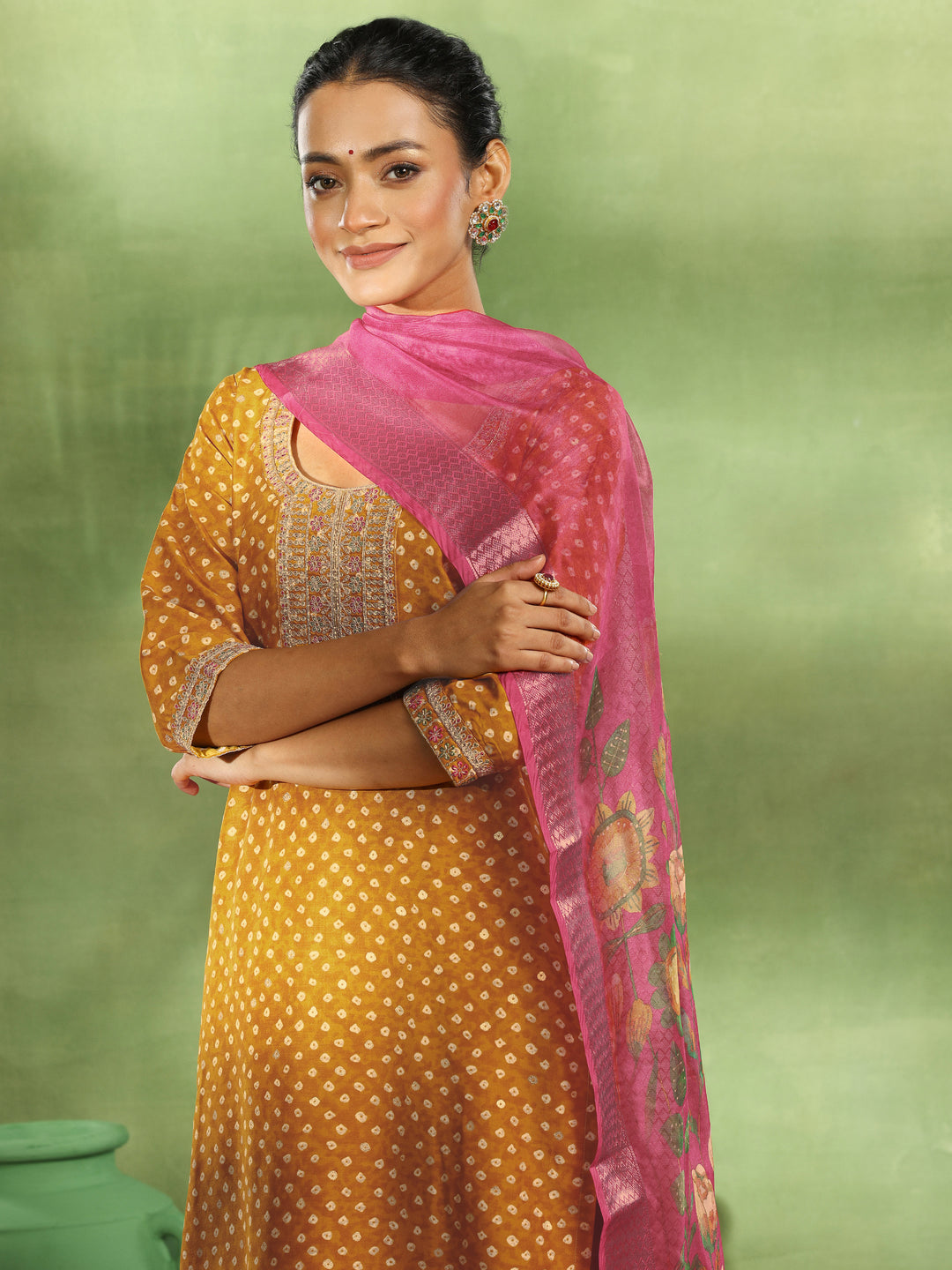 Mustard Printed Silk Blend Straight Suit With Dupatta