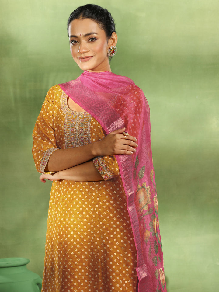 Mustard Printed Silk Blend Straight Suit With Dupatta