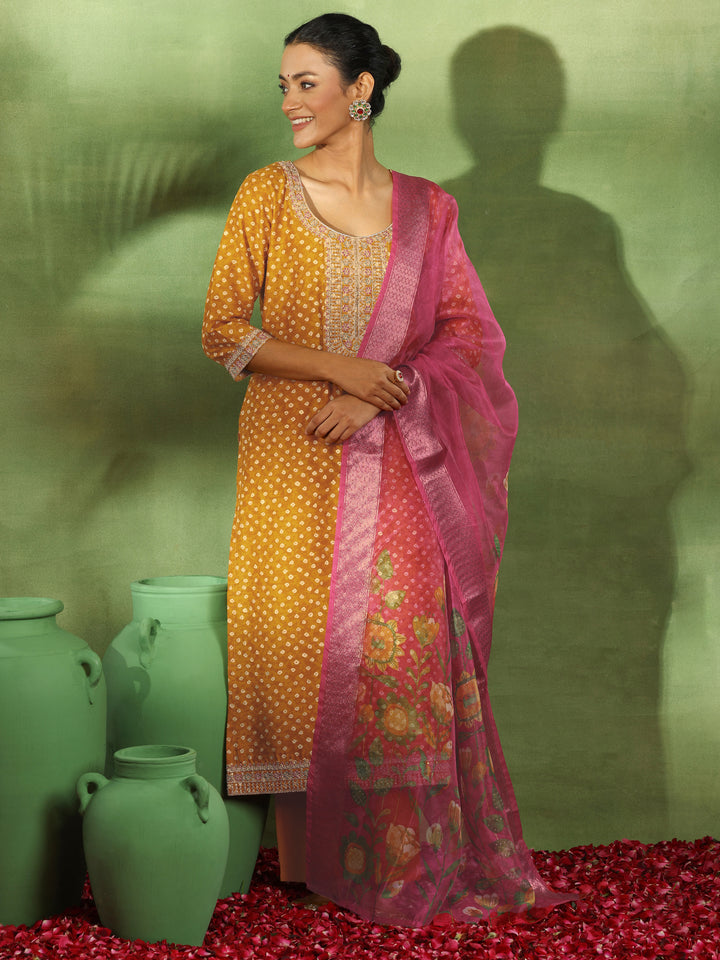 Mustard Printed Silk Blend Straight Suit With Dupatta