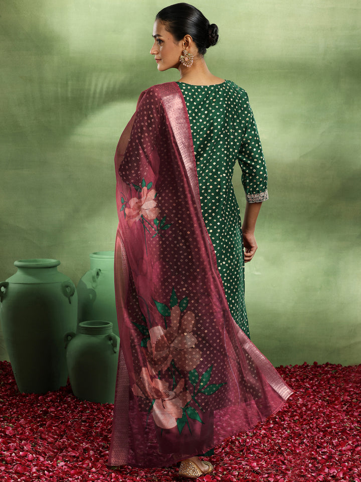 Green Printed Silk Blend Straight Suit With Dupatta