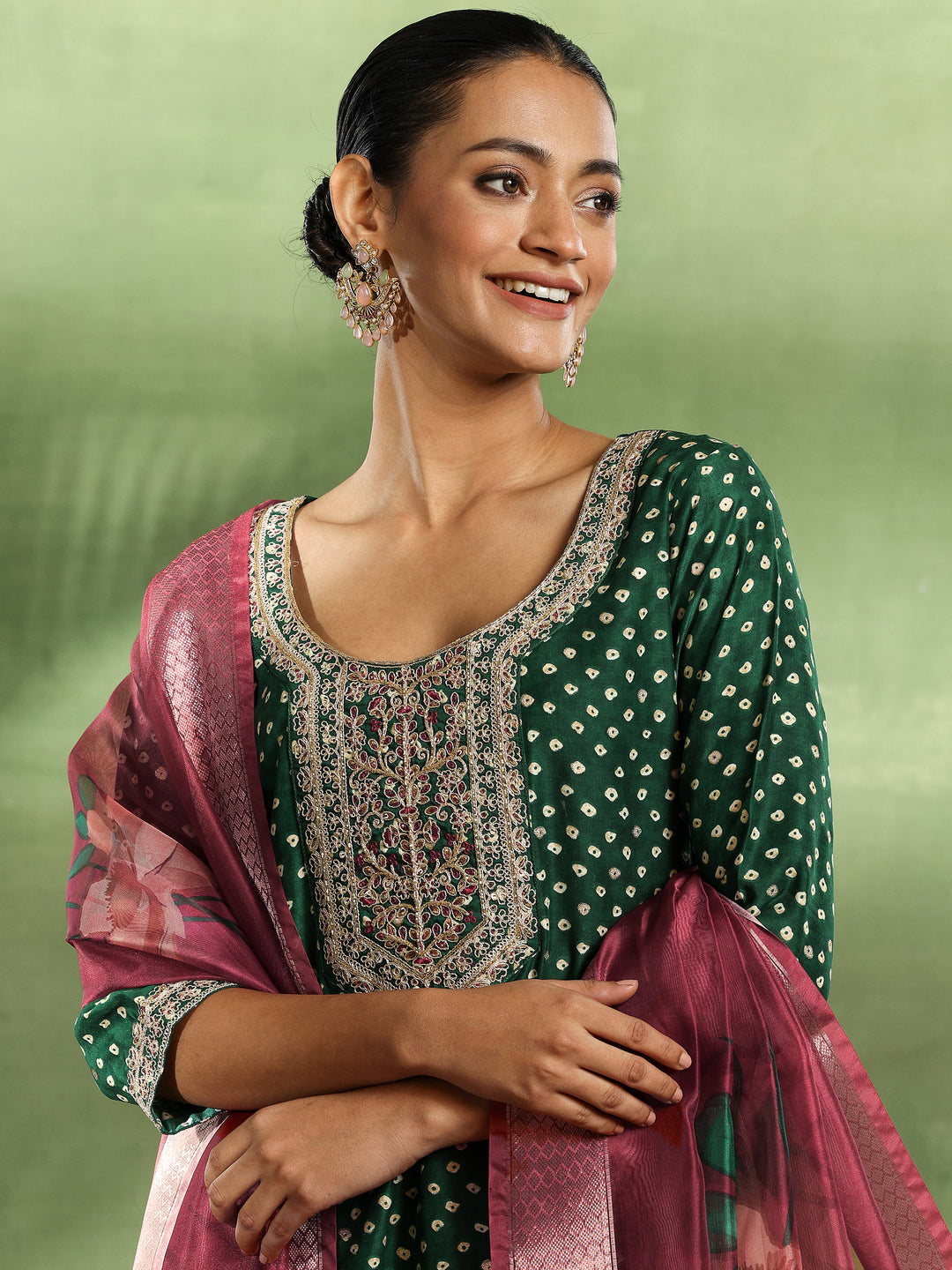 Green Printed Silk Blend Straight Suit With Dupatta