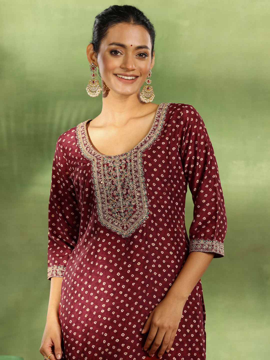 Maroon Printed Silk Blend Straight Suit With Dupatta