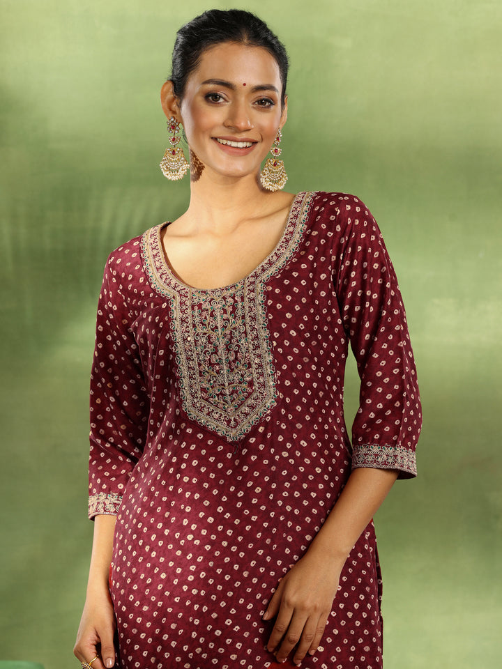 Maroon Printed Silk Blend Straight Suit With Dupatta