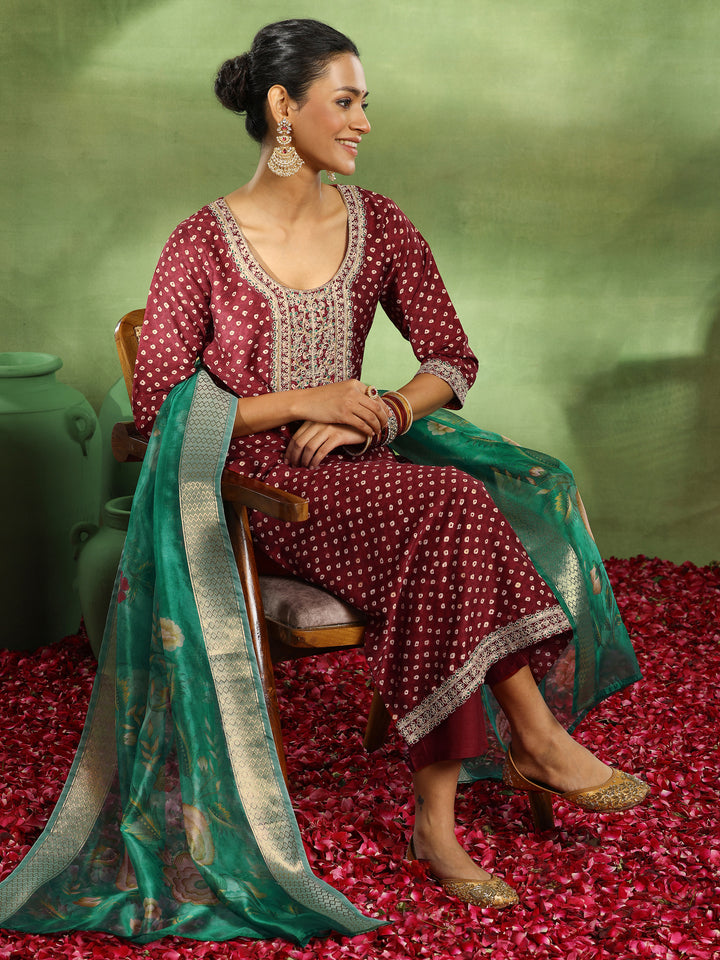 Maroon Printed Silk Blend Straight Suit With Dupatta
