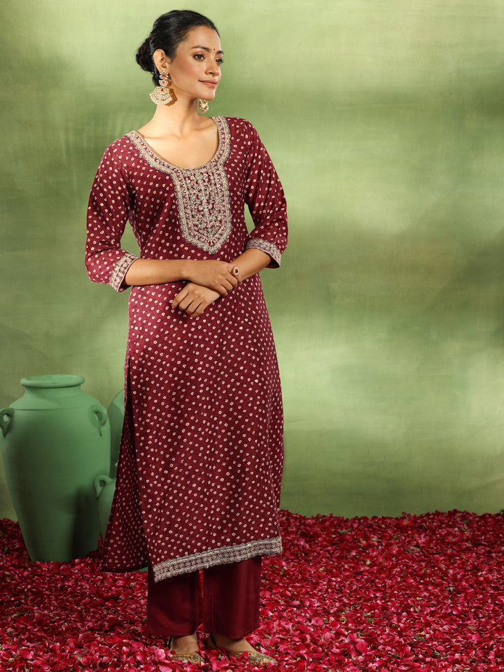 Maroon Printed Silk Blend Straight Suit With Dupatta