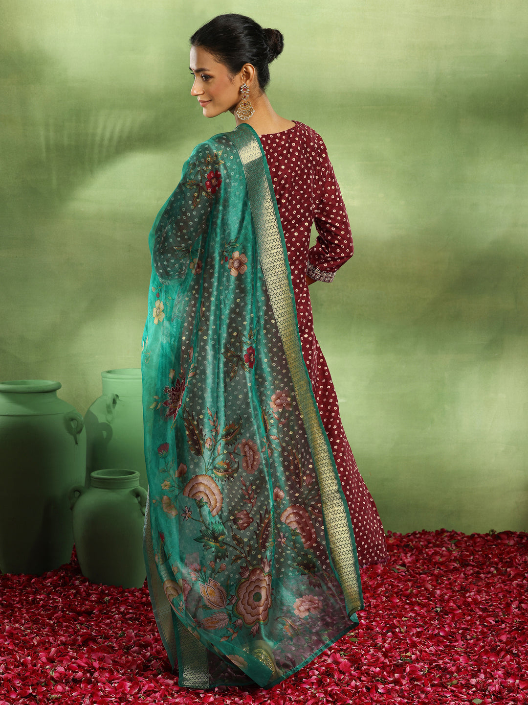 Maroon Printed Silk Blend Straight Suit With Dupatta