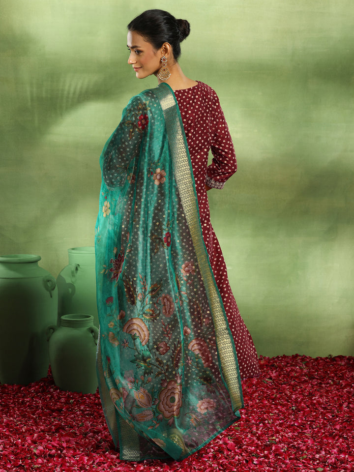 Maroon Printed Silk Blend Straight Suit With Dupatta