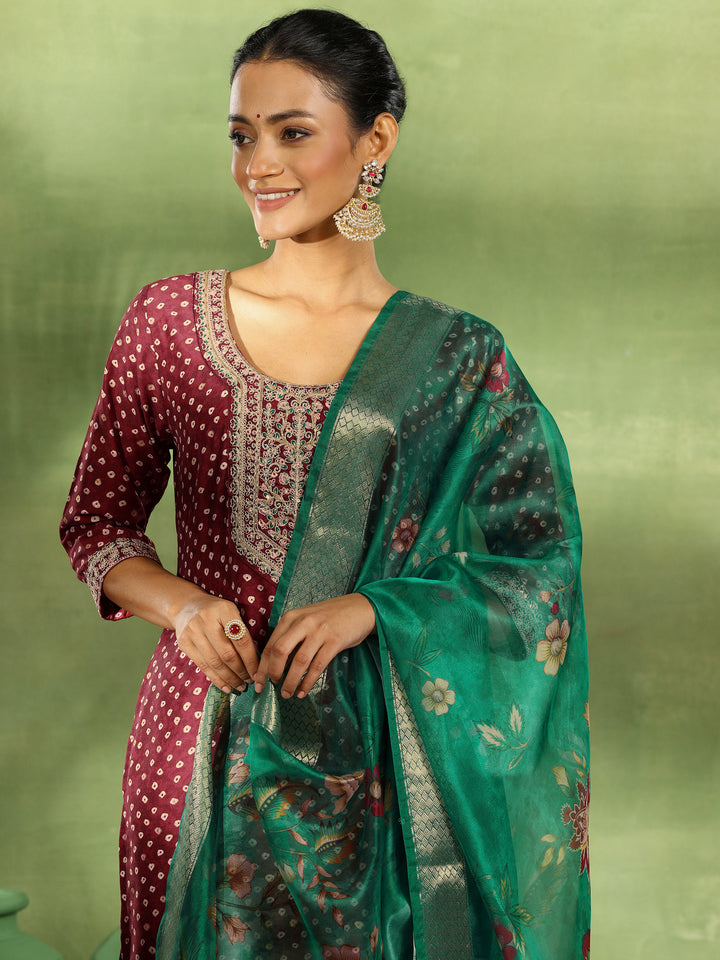 Maroon Printed Silk Blend Straight Suit With Dupatta