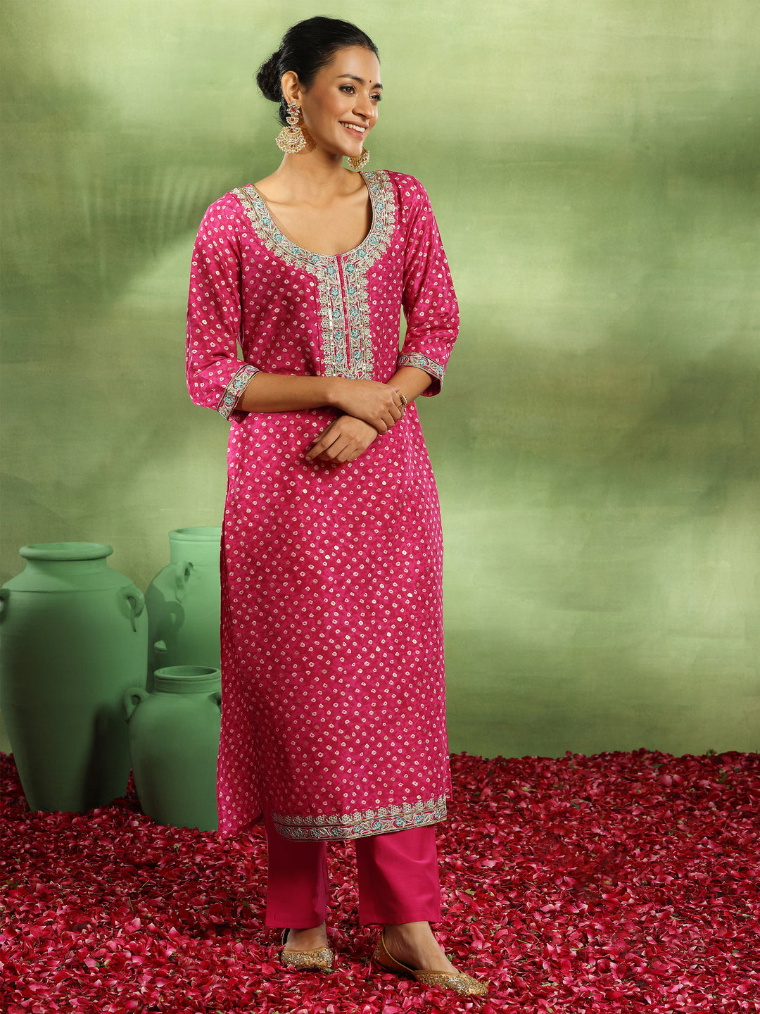 Pink Printed Silk Blend Straight Suit With Dupatta