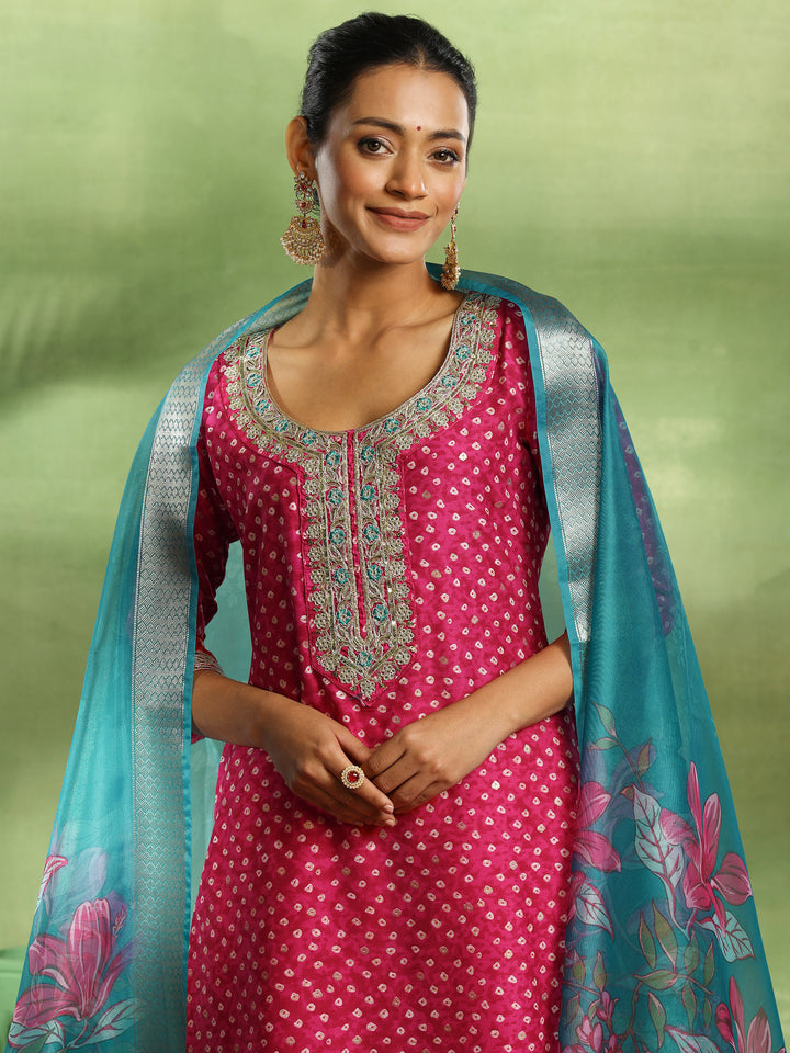 Pink Printed Silk Blend Straight Suit With Dupatta