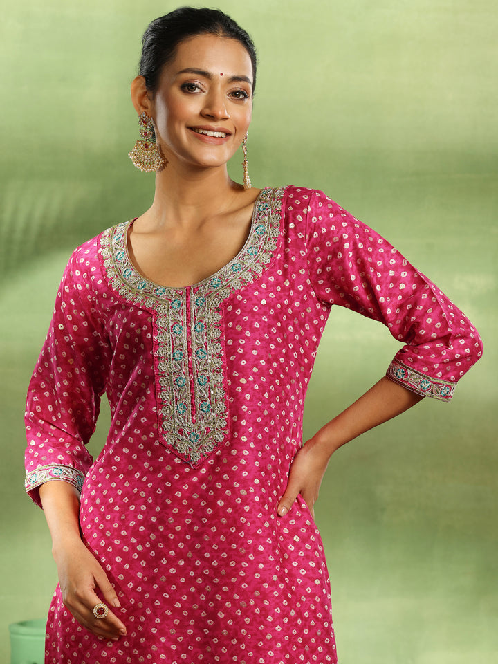 Pink Printed Silk Blend Straight Suit With Dupatta