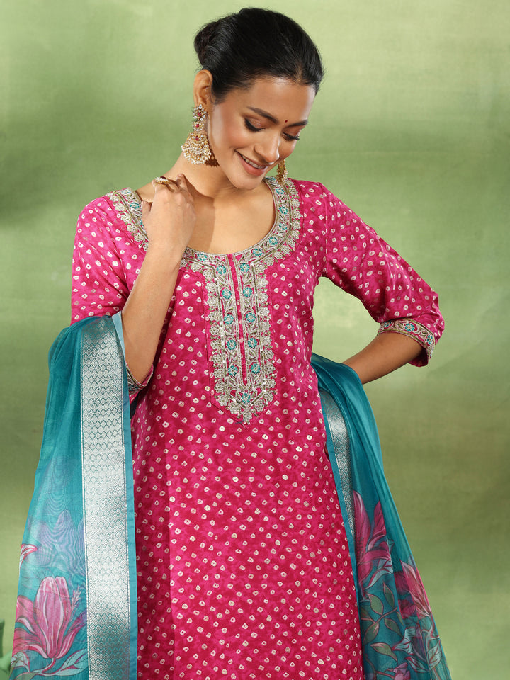 Pink Printed Silk Blend Straight Suit With Dupatta