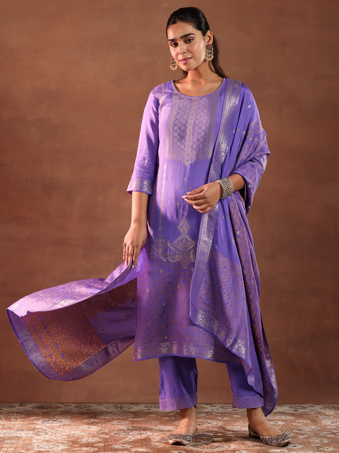 Lavender Woven Design Silk Blend Straight Suit With Dupatta