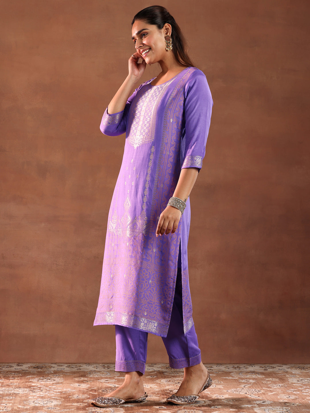 Lavender Woven Design Silk Blend Straight Suit With Dupatta