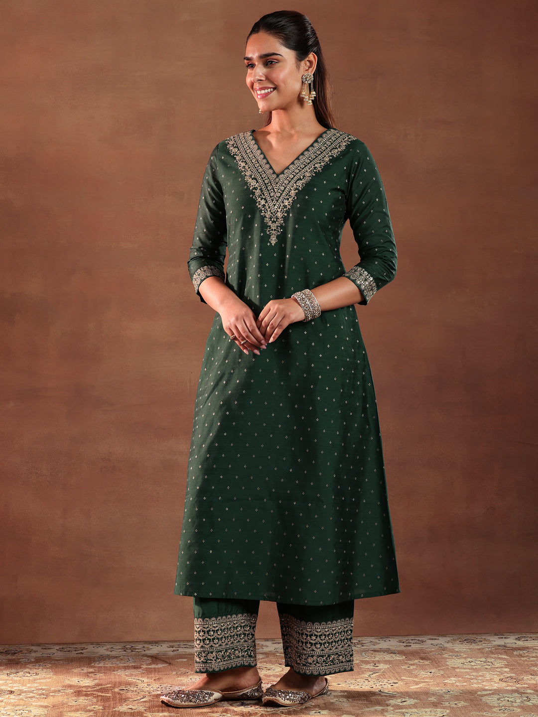 Green Woven Design Chanderi Silk A-Line Kurta With Trousers & Dupatta