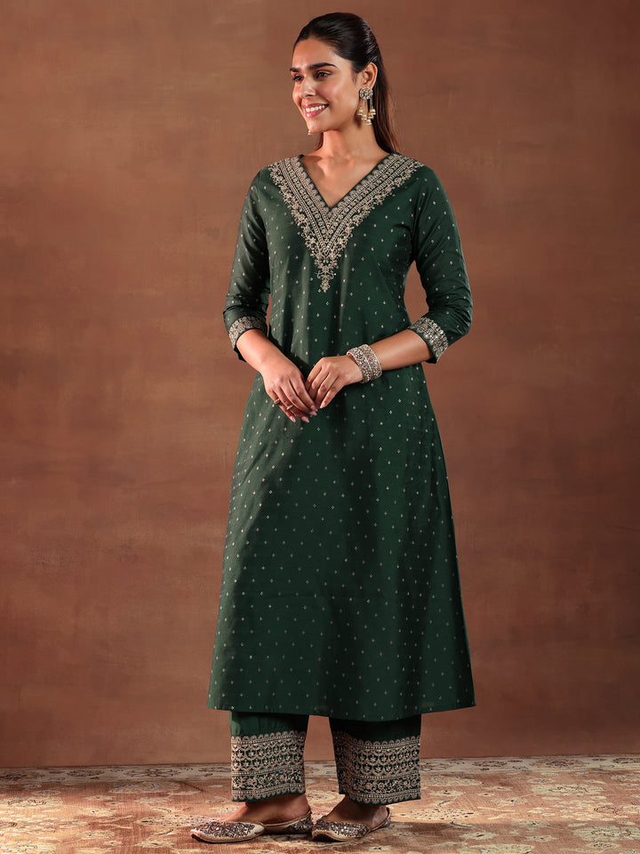 Green Woven Design Chanderi Silk A-Line Kurta With Trousers & Dupatta