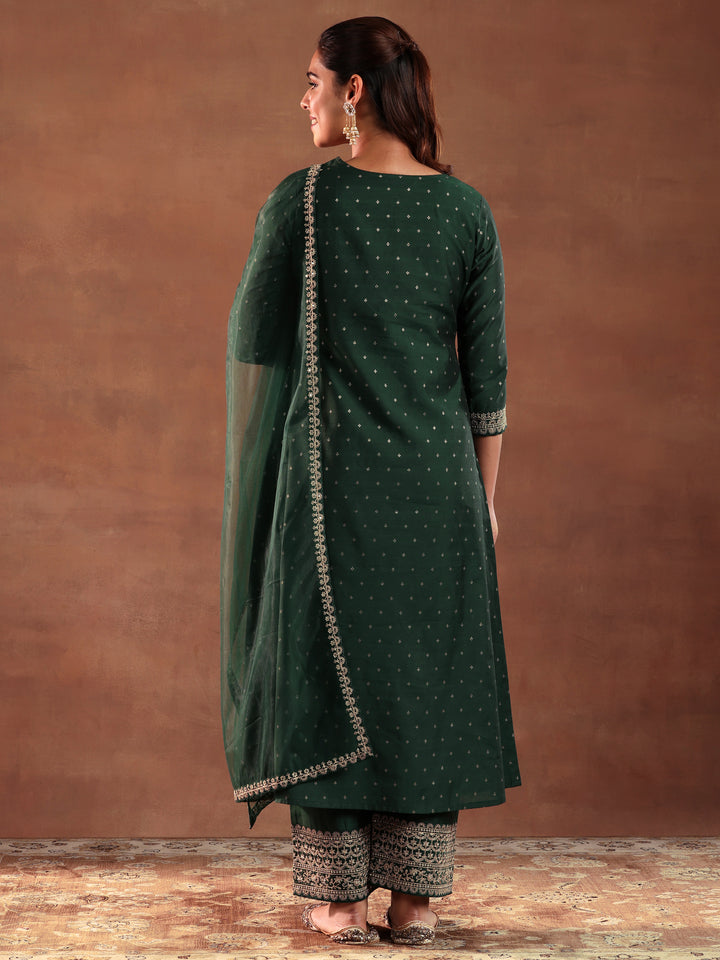 Green Woven Design Chanderi Silk A-Line Kurta With Trousers & Dupatta
