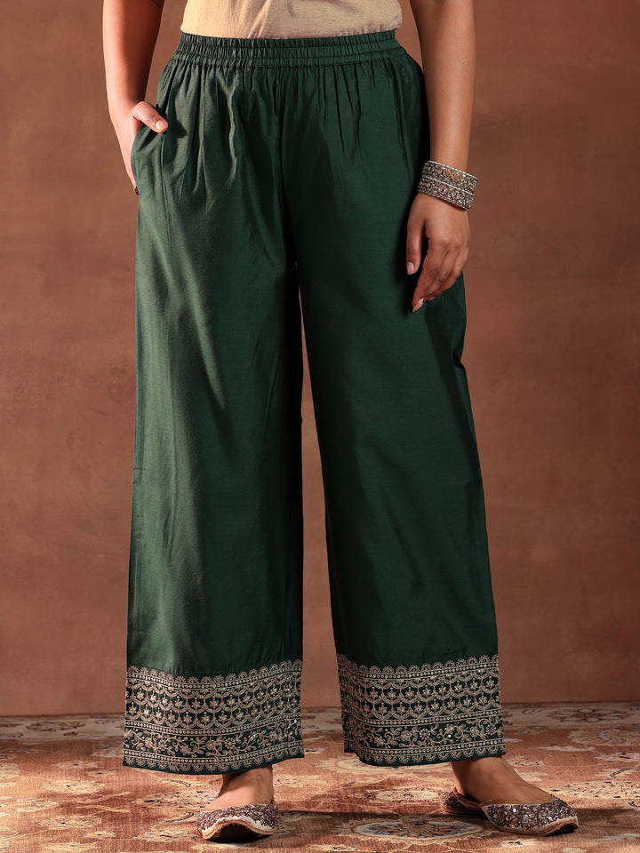 Green Woven Design Chanderi Silk A-Line Kurta With Trousers & Dupatta