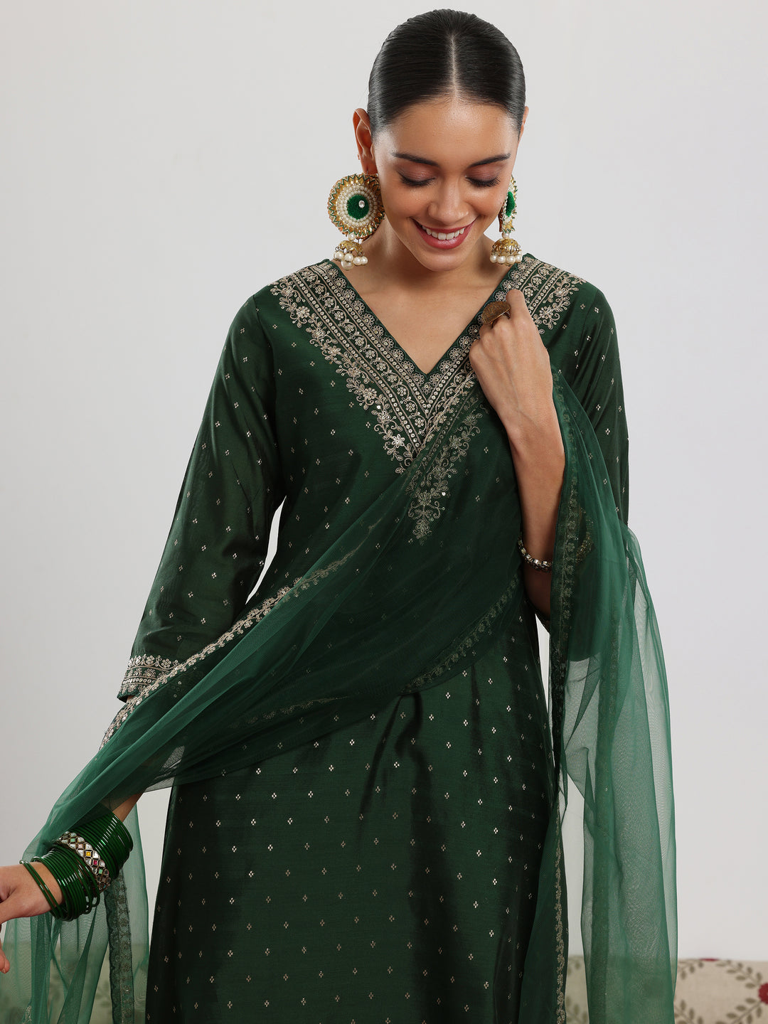 Green Woven Design Chanderi Silk A-Line Kurta With Trousers & Dupatta
