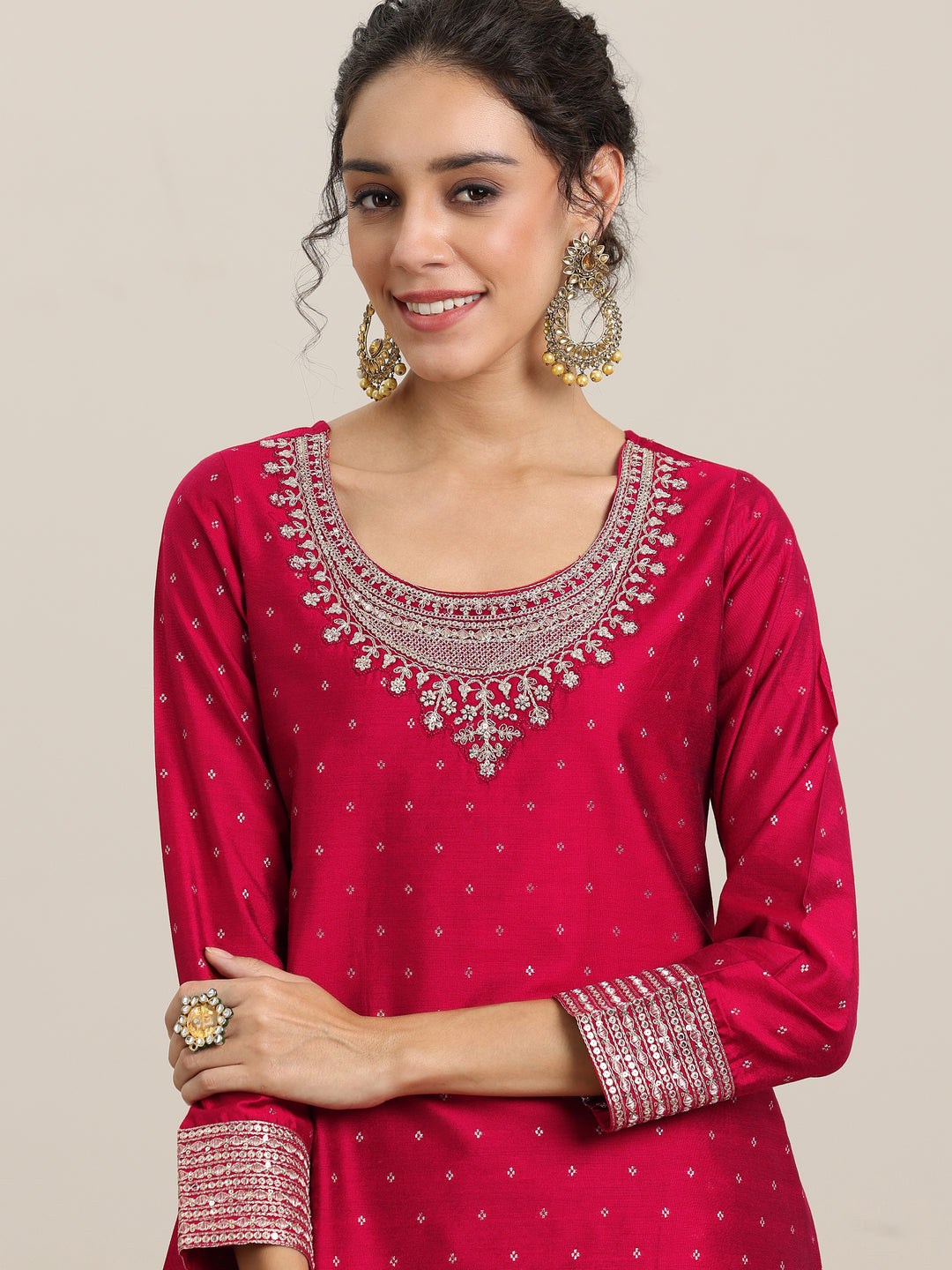 Maroon Woven Design Chanderi Silk A-Line Kurta With Palazzos & Dupatta