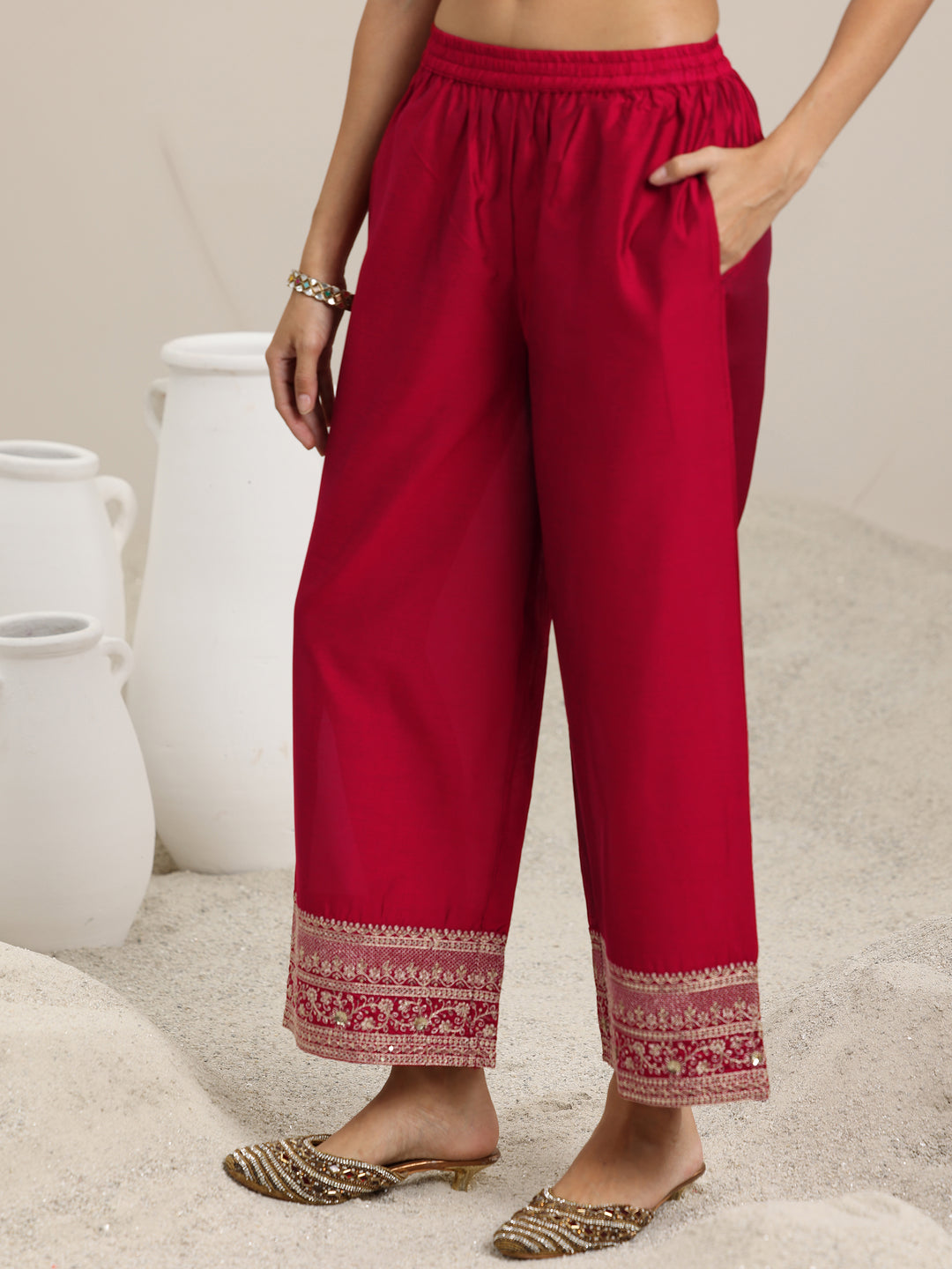 Maroon Woven Design Chanderi Silk A-Line Kurta With Palazzos & Dupatta