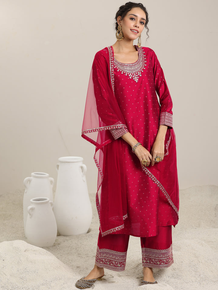 Maroon Woven Design Chanderi Silk A-Line Kurta With Palazzos & Dupatta