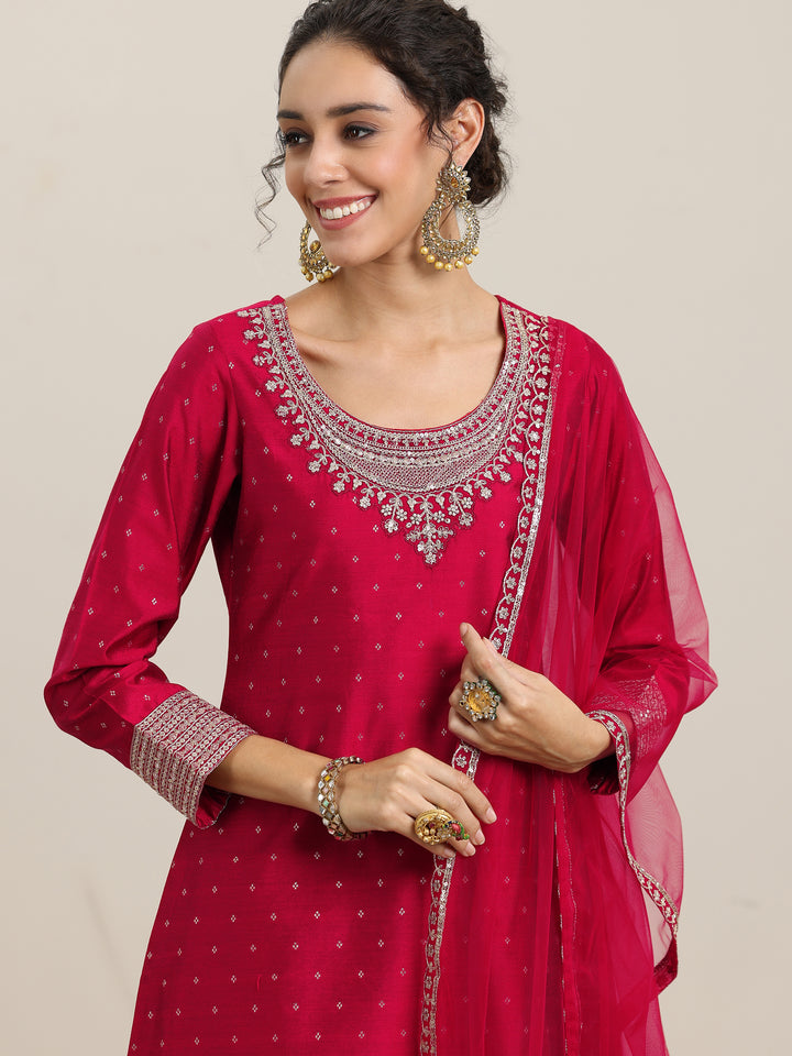 Maroon Woven Design Chanderi Silk A-Line Kurta With Palazzos & Dupatta