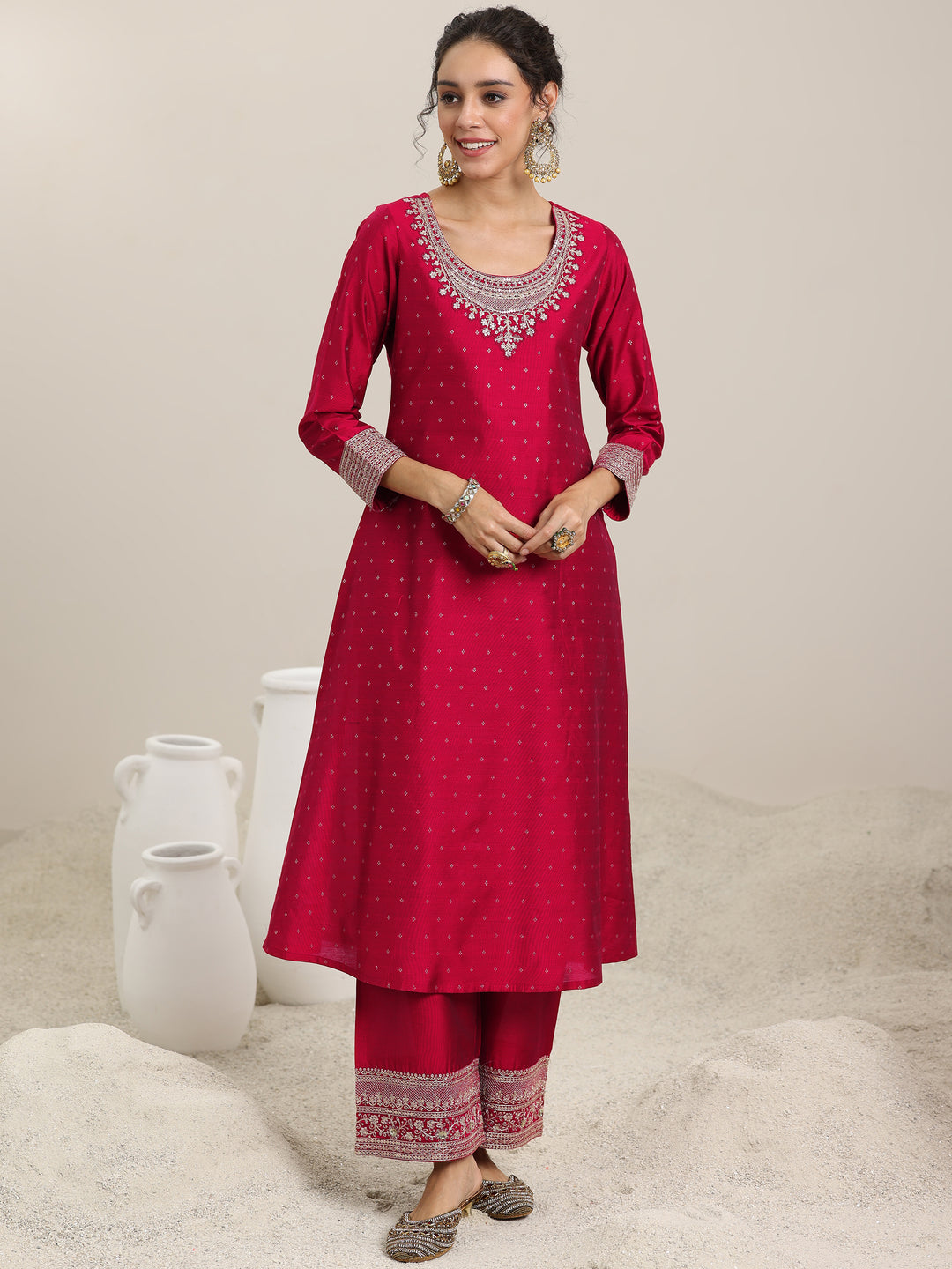 Maroon Woven Design Chanderi Silk A-Line Kurta With Palazzos & Dupatta