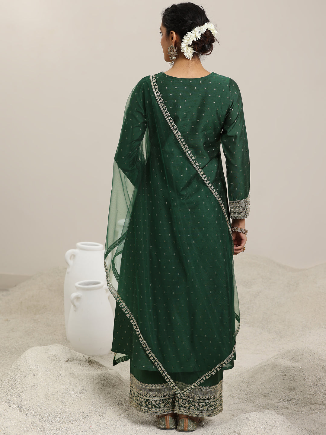 Green Woven Design Chanderi Silk A-Line Kurta With Palazzos & Dupatta