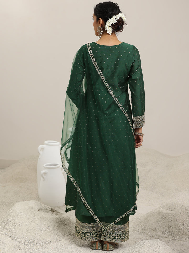 Green Woven Design Chanderi Silk A-Line Kurta With Palazzos & Dupatta