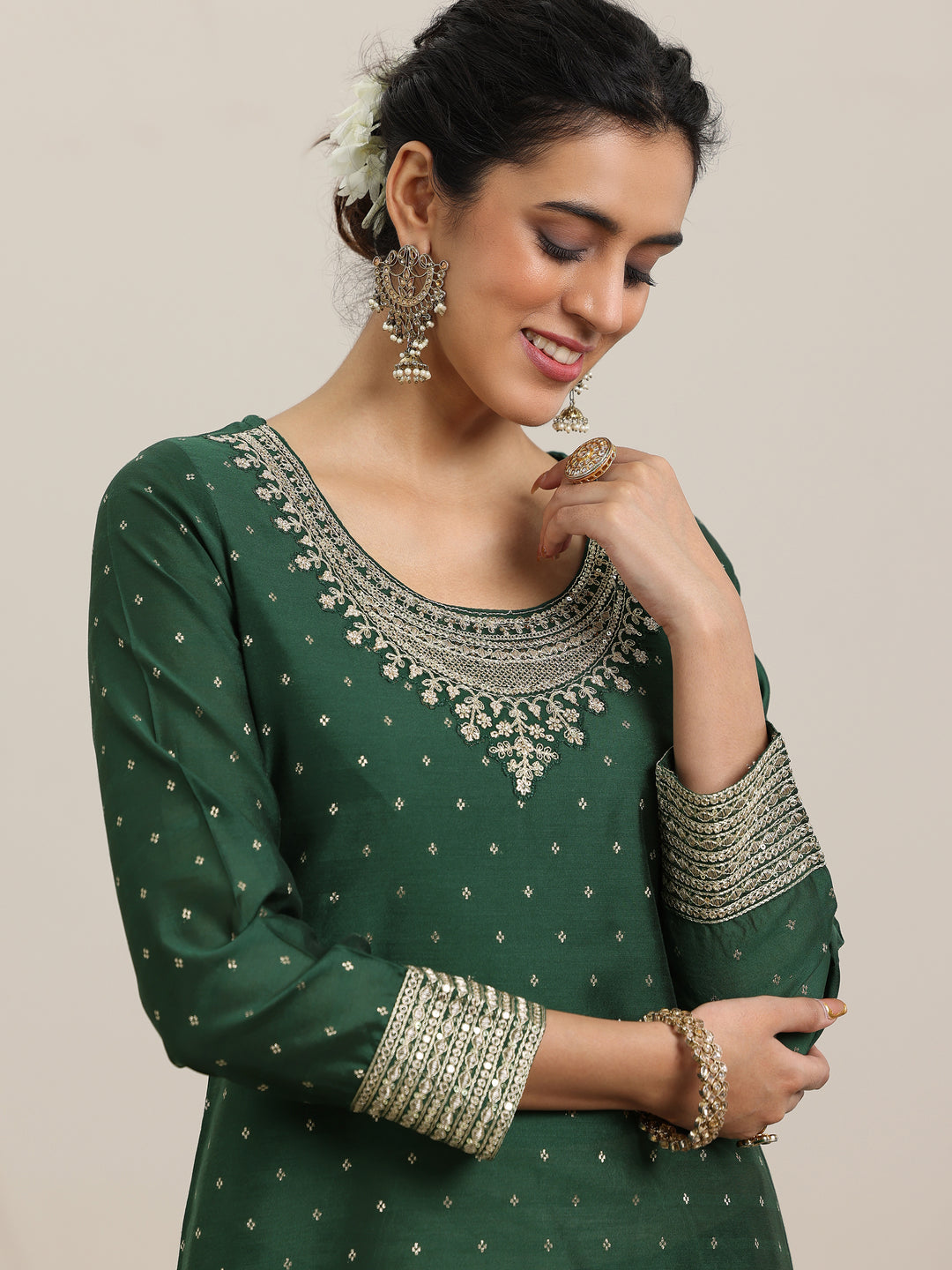 Green Woven Design Chanderi Silk A-Line Kurta With Palazzos & Dupatta