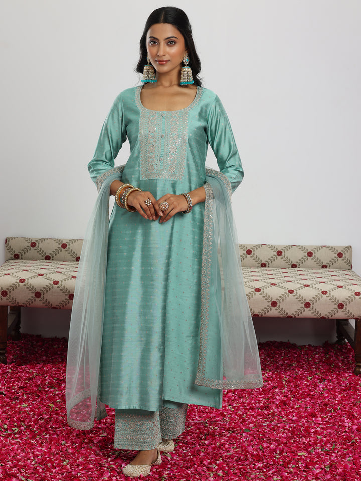 Sea Green Woven Design Chanderi Silk A-Line Kurta With Palazzos & Dupatta