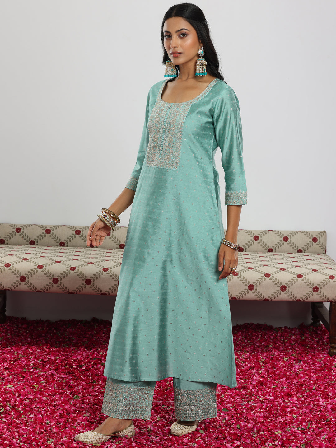 Sea Green Woven Design Chanderi Silk A-Line Kurta With Palazzos & Dupatta