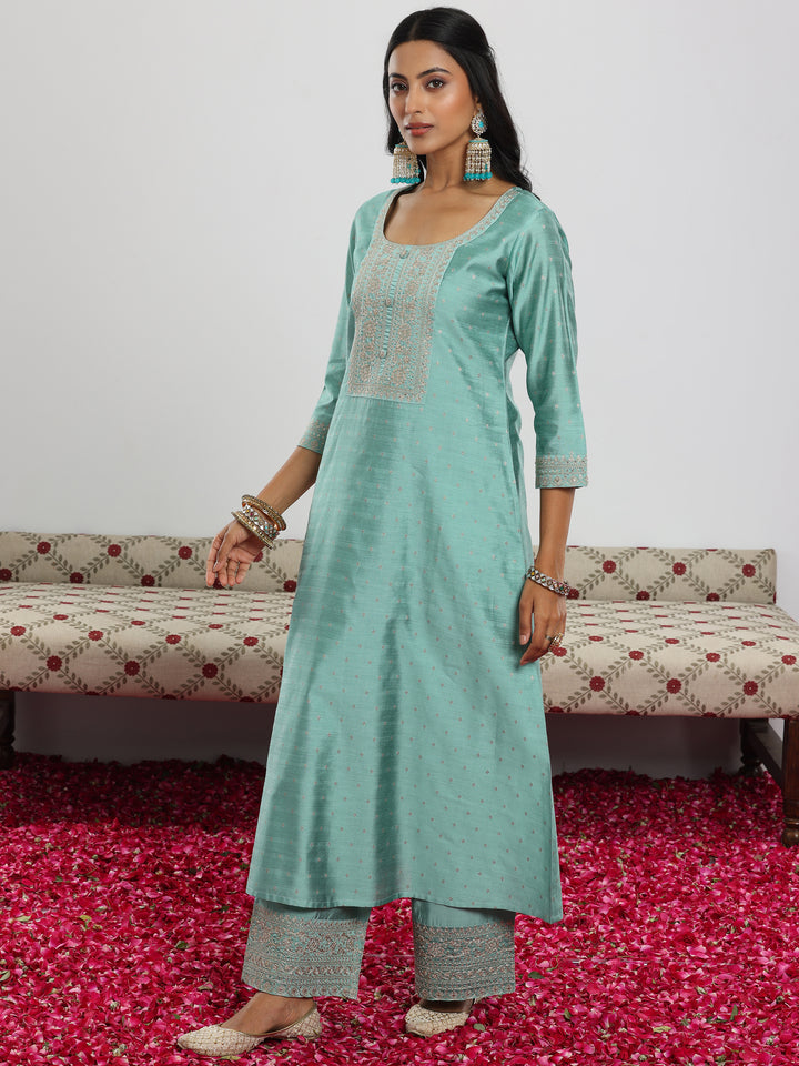 Sea Green Woven Design Chanderi Silk A-Line Kurta With Palazzos & Dupatta