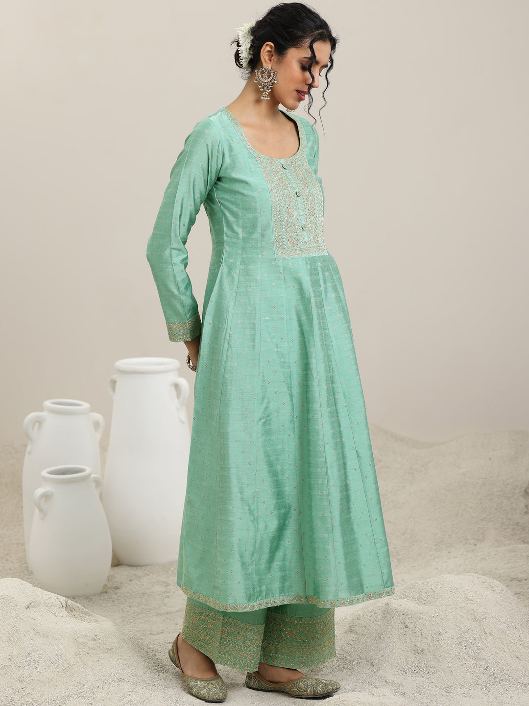 Sea Green Embroidered Chanderi Silk Anarkali Suit With Dupatta