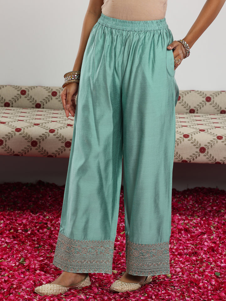 Sea Green Woven Design Chanderi Silk A-Line Kurta With Palazzos & Dupatta