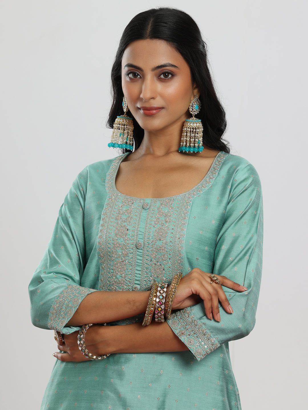Sea Green Woven Design Chanderi Silk A-Line Kurta With Palazzos & Dupatta