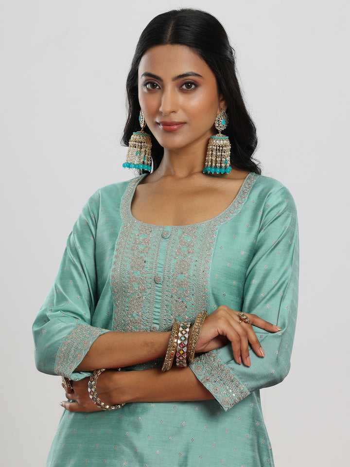 Sea Green Woven Design Chanderi Silk A-Line Kurta With Palazzos & Dupatta