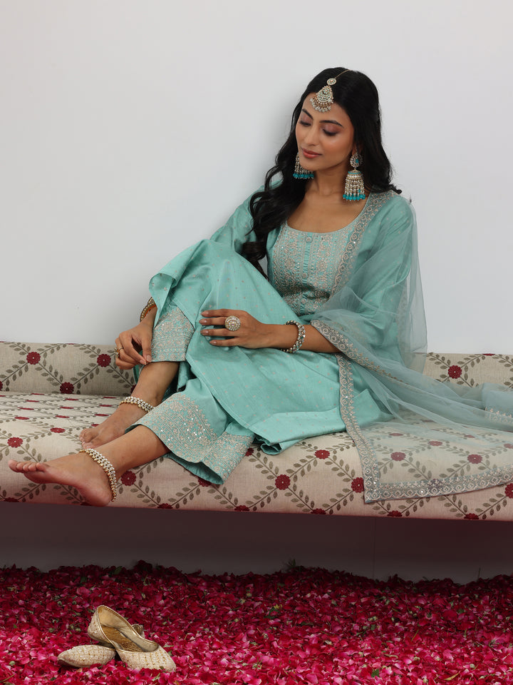 Sea Green Woven Design Chanderi Silk A-Line Kurta With Palazzos & Dupatta