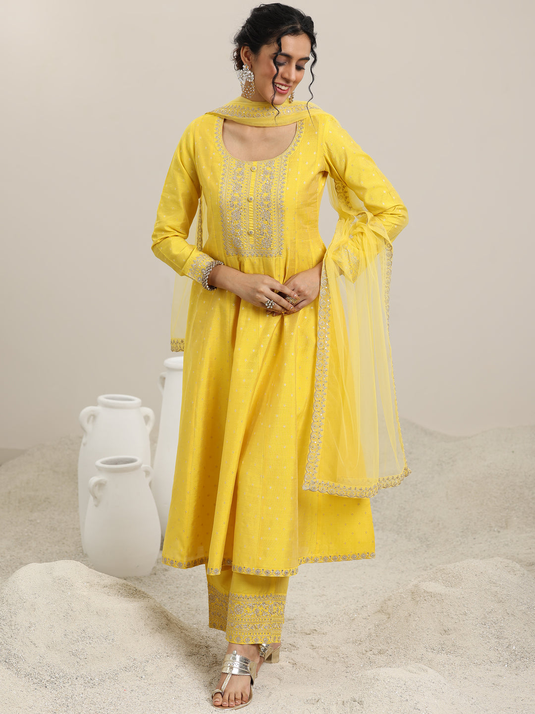 Yellow Embroidered Chanderi Silk Anarkali Suit With Dupatta