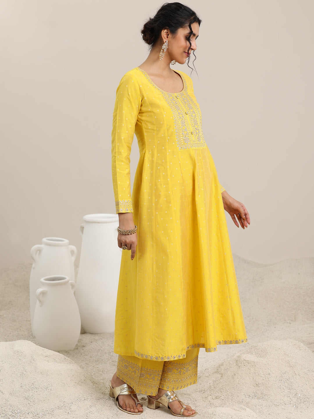 Yellow Embroidered Chanderi Silk Anarkali Suit With Dupatta