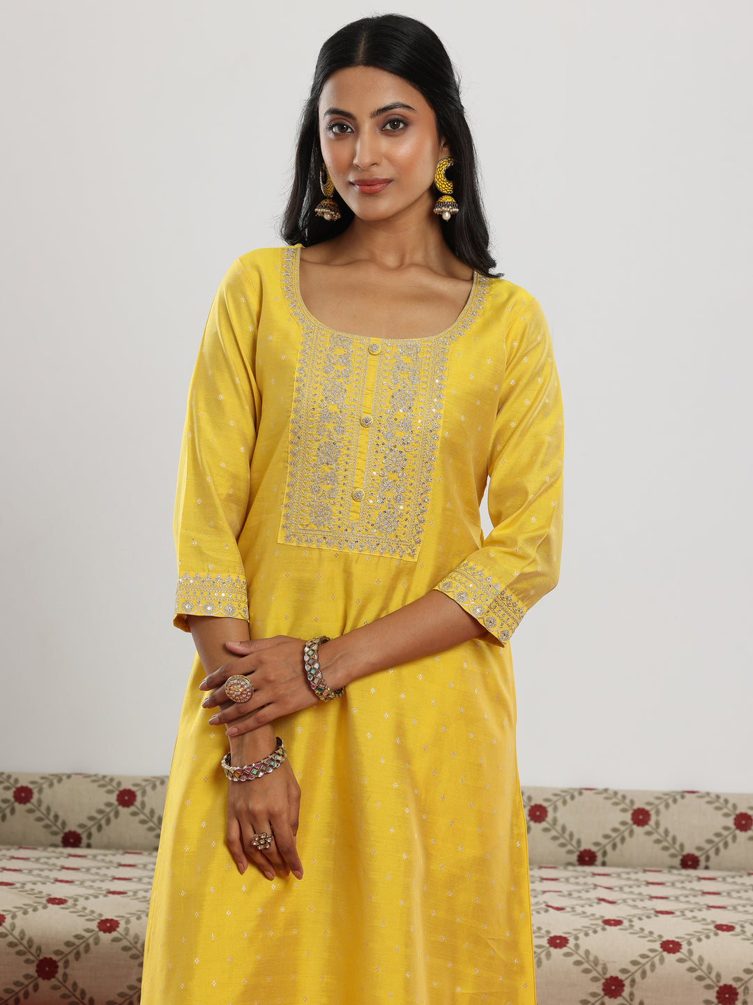 Yellow Woven Design Chanderi Silk A-Line Kurta With Trousers & Dupatta